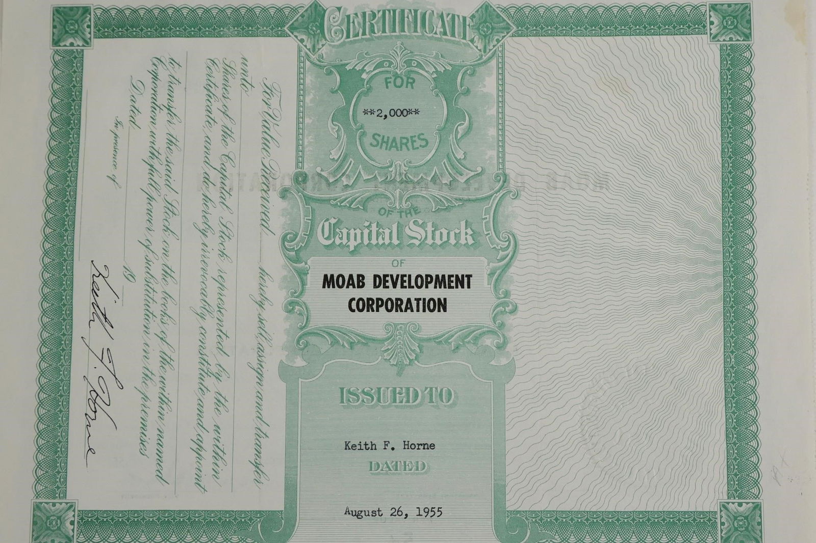 1955 Moab Development Corp Stock Certificate - 2