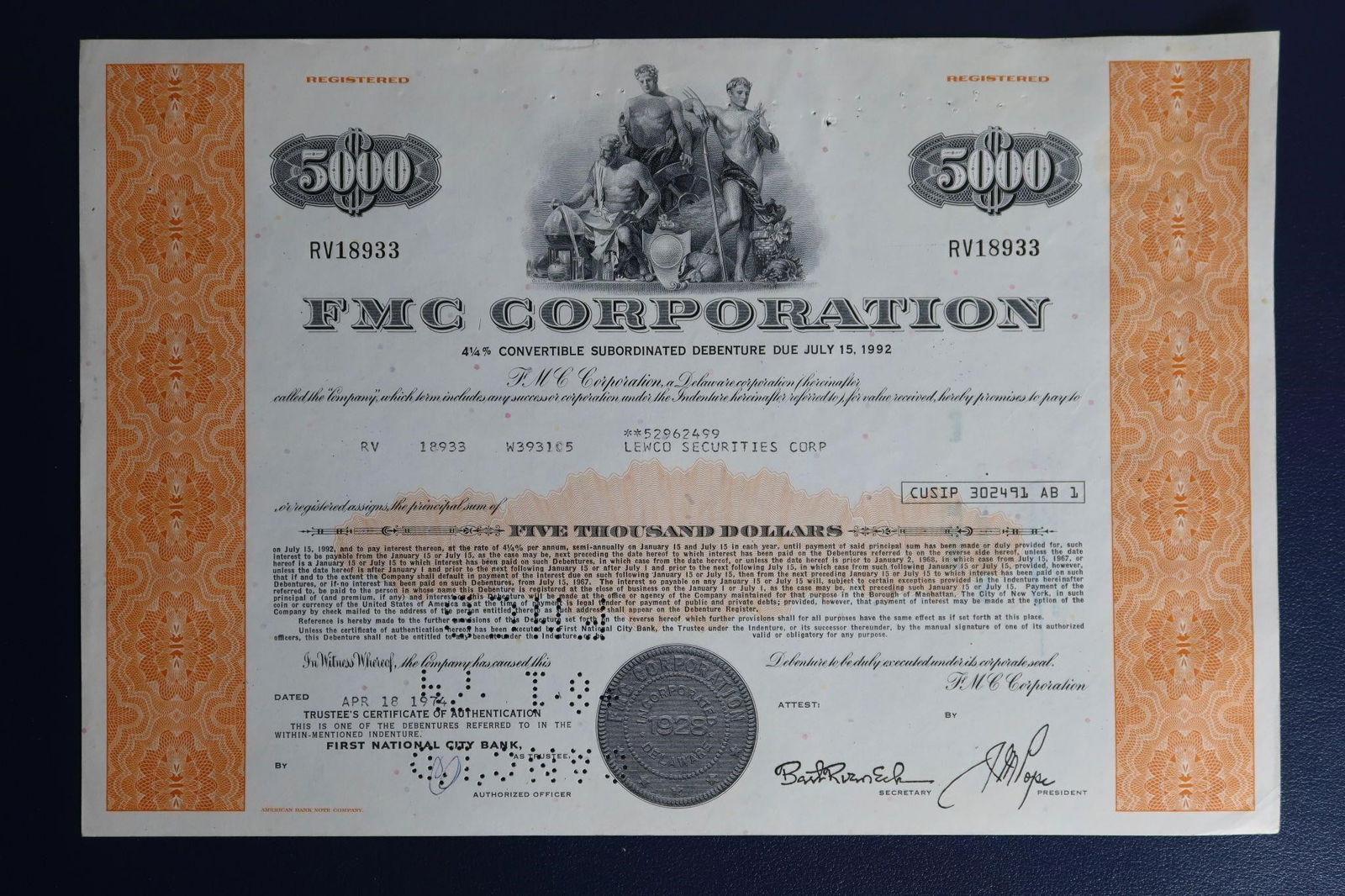 Collectible FMC Corp. Debenture Bond Certificate: A vintage collectible FMC Corporation 4.25% Subordinated Debenture bond certificate due July 15, 1992.