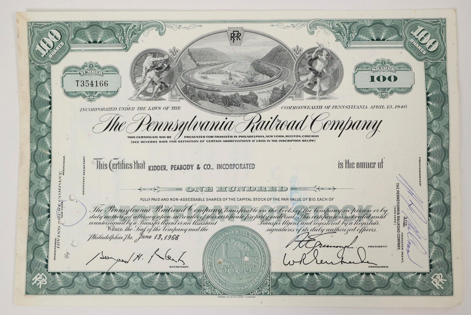 Pennsylvania Railroad Stock Certificate 1966: Collectible Pennsylvania Railroad Company stock certificate for 100 shares. The certificate was issued on June 13, 1966, to Kidder, Peabody & Co., Incorporated.