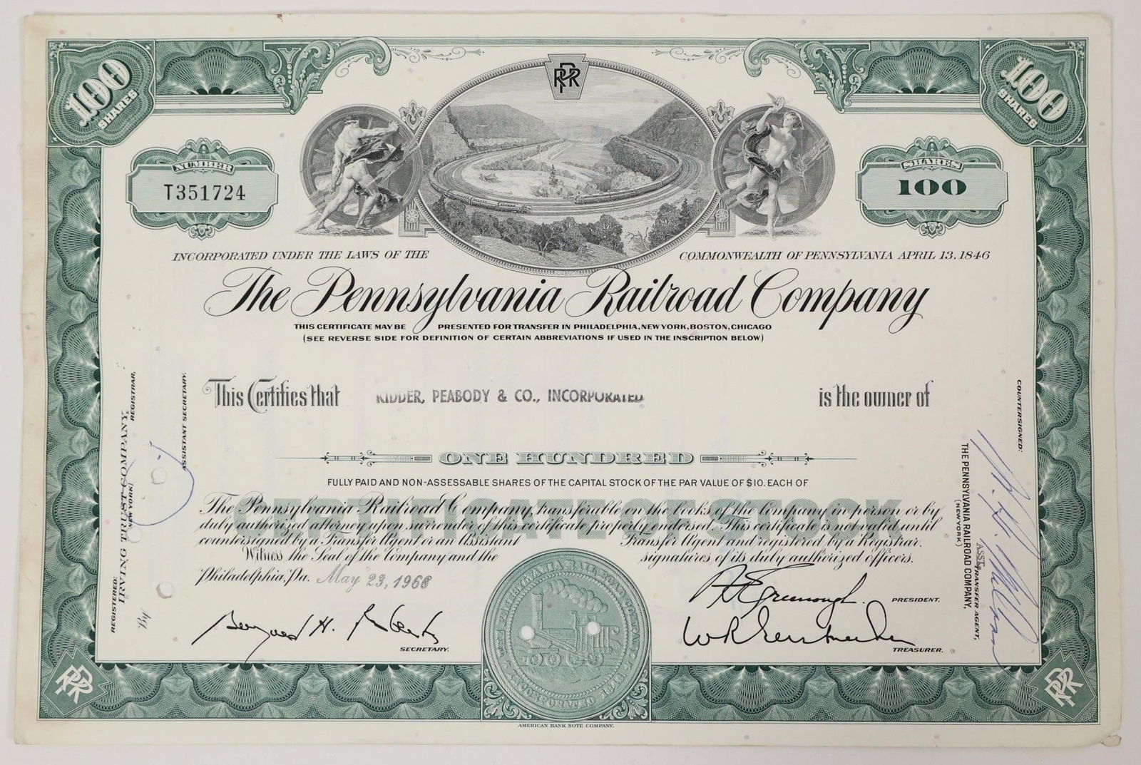 Pennsylvania Railroad Stock Certificate 1968: Pennsylvania Railroad Company stock certificate for 100 shares, issued on May 23, 1968.