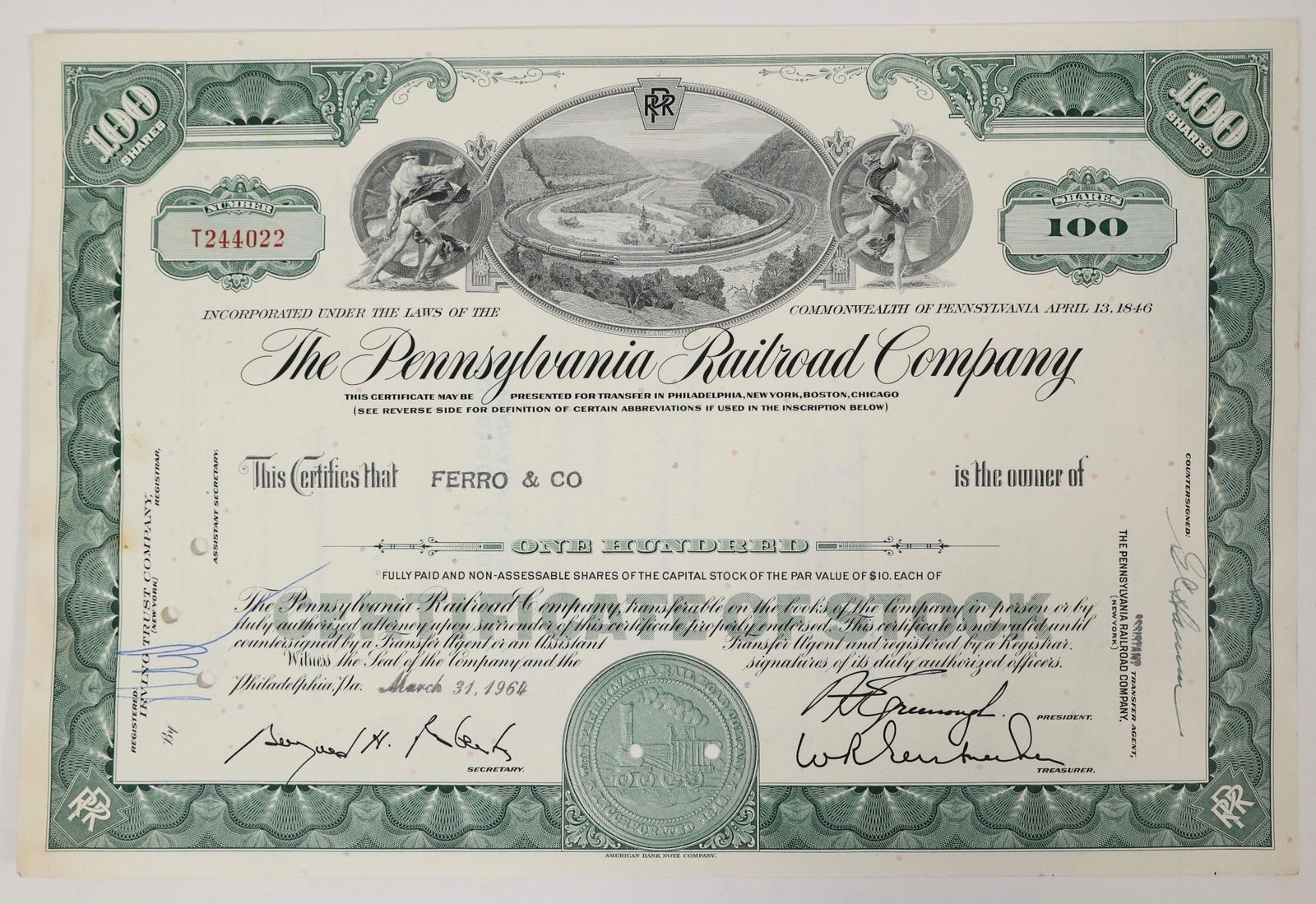 Pennsylvania Railroad Stock Certificate 1964 (1 of 2)