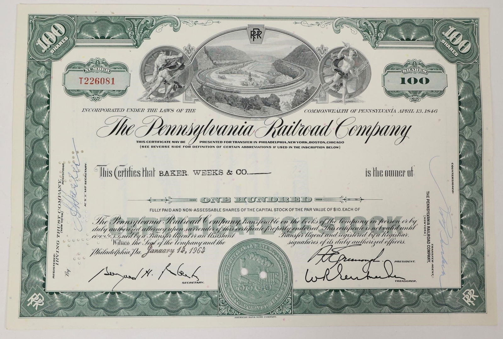 Pennsylvania Railroad Stock Certificate 1964 (1 of 2)