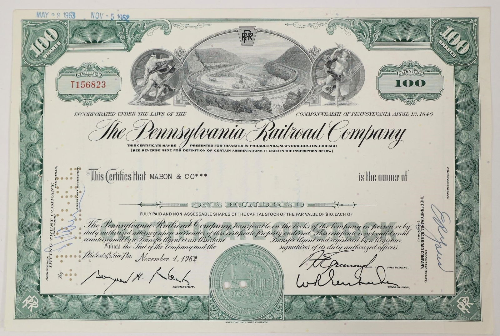 Pennsylvania Railroad Stock Certificate 1962: Vintage Pennsylvania Railroad Company stock certificate for 100 shares. Issued in the 1960s, this specific certificate is dated November 1, 1962, and stamped as cancelled in May 1963 and November 1969