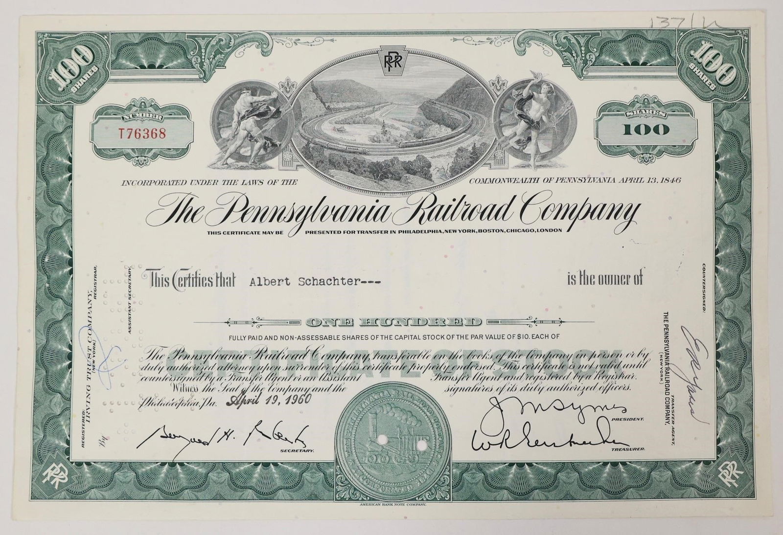 Pennsylvania Railroad Stock Certificate 1960: Pennsylvania Railroad Company stock certificate issued in 1960 April 19