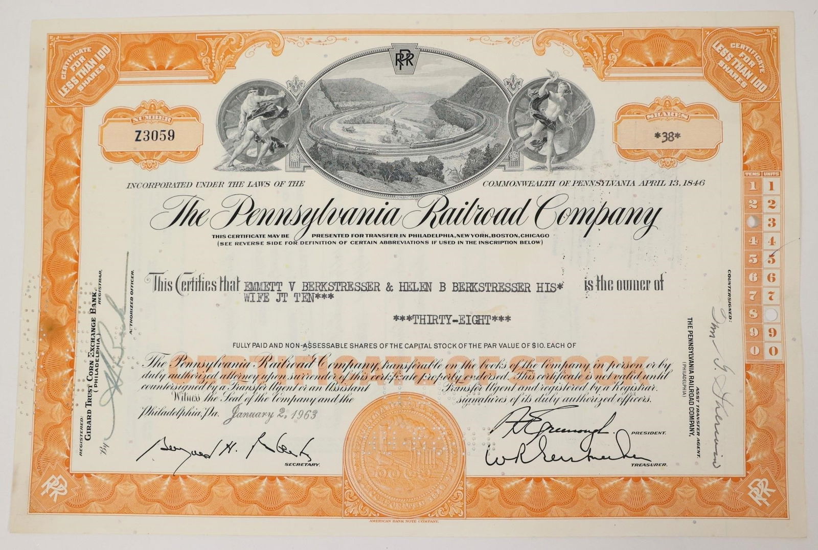 Pennsylvania Railroad Stock Certificate 1963 (1 of 2)