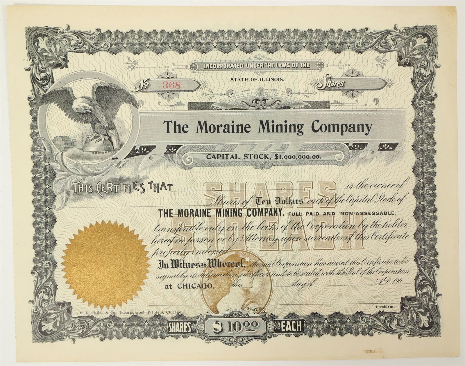 Moraine Mining Company Stock Certificate 1900s: Un-issued stock certificate for The Moraine Mining Company, incorporated in Illinois. It is a genuine artifact from the 1900s designed for collecting.Whith no date