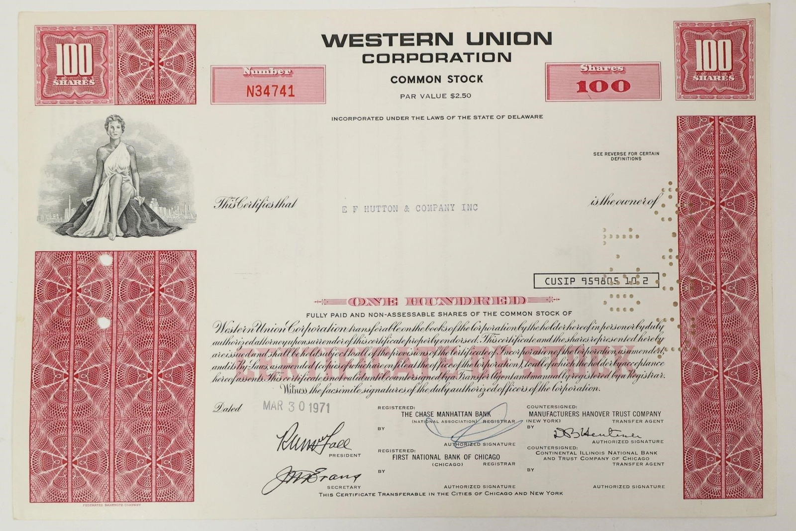 Western Union Stock Certificate 1971: Original Western Union Corporation stock certificate for 100 shares of common stock, dated March 30, 1971.