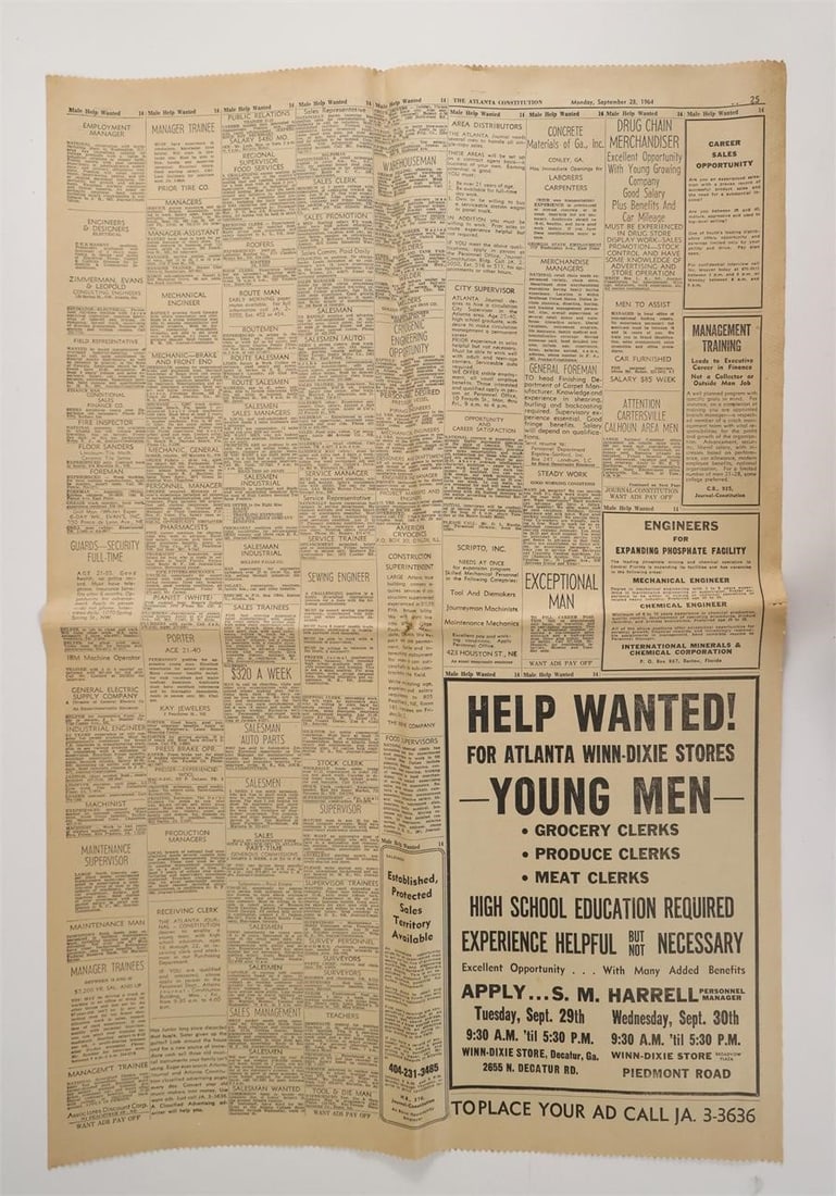 Atlanta Constitution Classifieds 1964: Pages from The Atlanta Constitution showing classified advertisements. Includes extensive Help Wanted listings, a large "HELP WANTED! FOR ATLANTA WINN-DIXIE STORES - YOUNG MEN" ad, job postings,