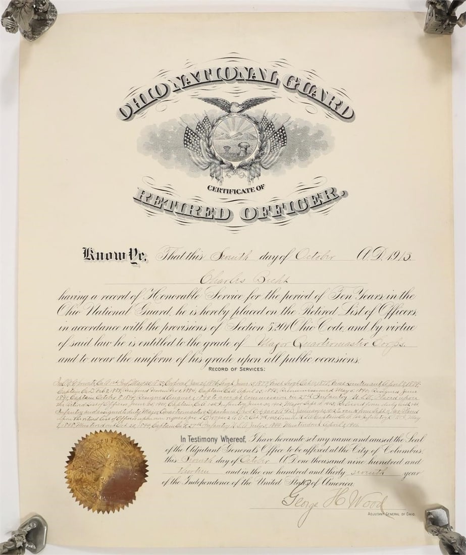 Ohio National Guard Certificate: Certificate titled "Ohio National Guard Certificate of Retired Officer." Dated October A.D. 1913, issued to Charles Peck. States honorable service for ten years in the Ohio National Guard and