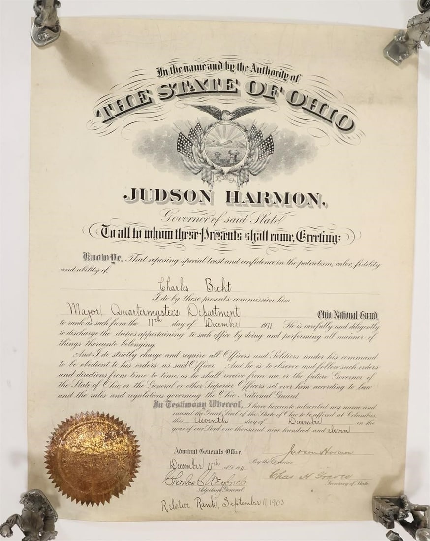 Ohio State Commission 1911: Document headed "In the name and by the Authority of the State of Ohio," signed by Judson Harmon, Governor of said State. Commission issued to Charles Becht as Major, Quartermasters Department, Ohio