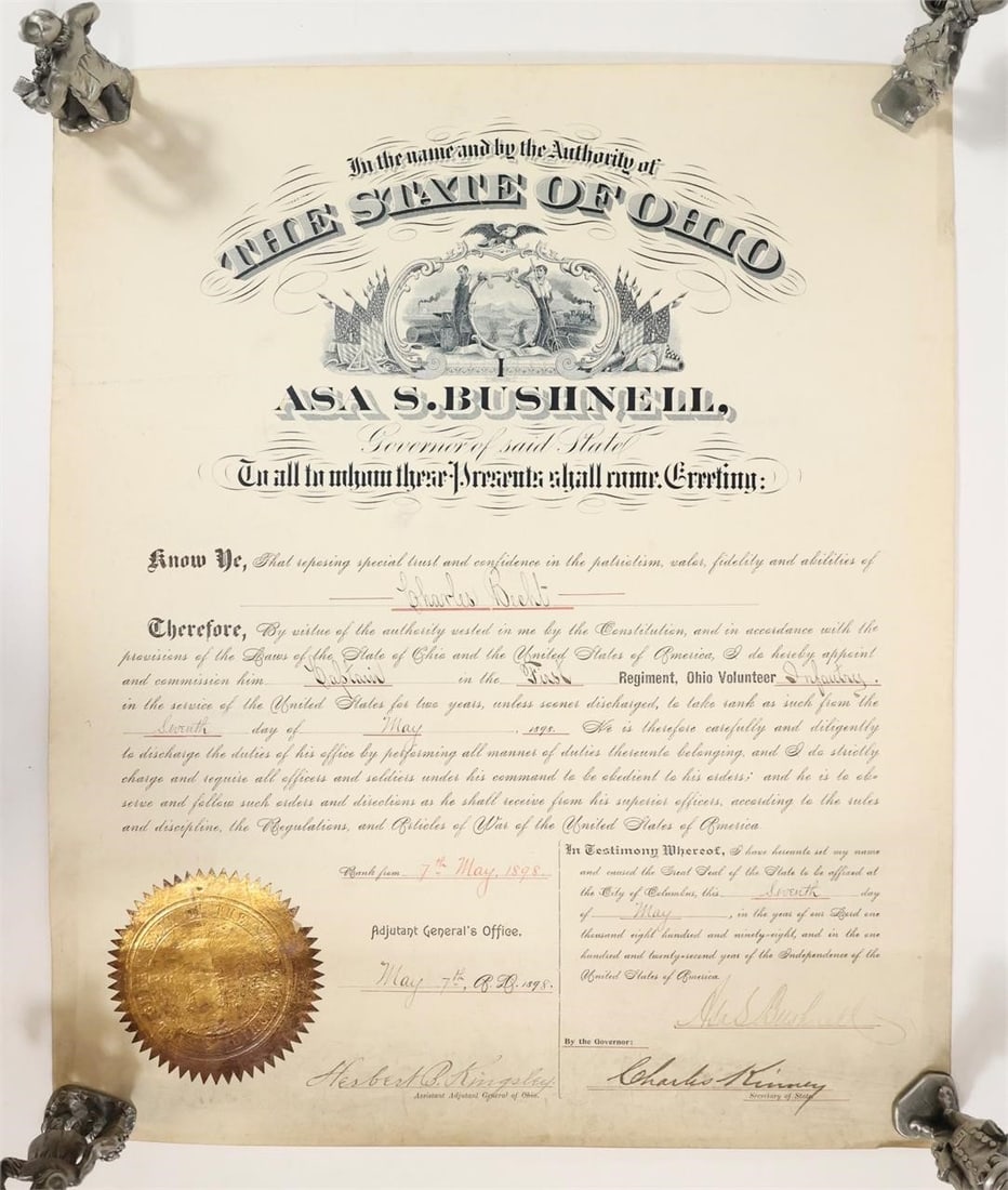 Ohio State Certificate 1898: Document from the State of Ohio shown front and back. Issued in the name and by the authority of the State of Ohio under Asa S. Bushnell, Governor, appointing Charles Becht as Captain in the First