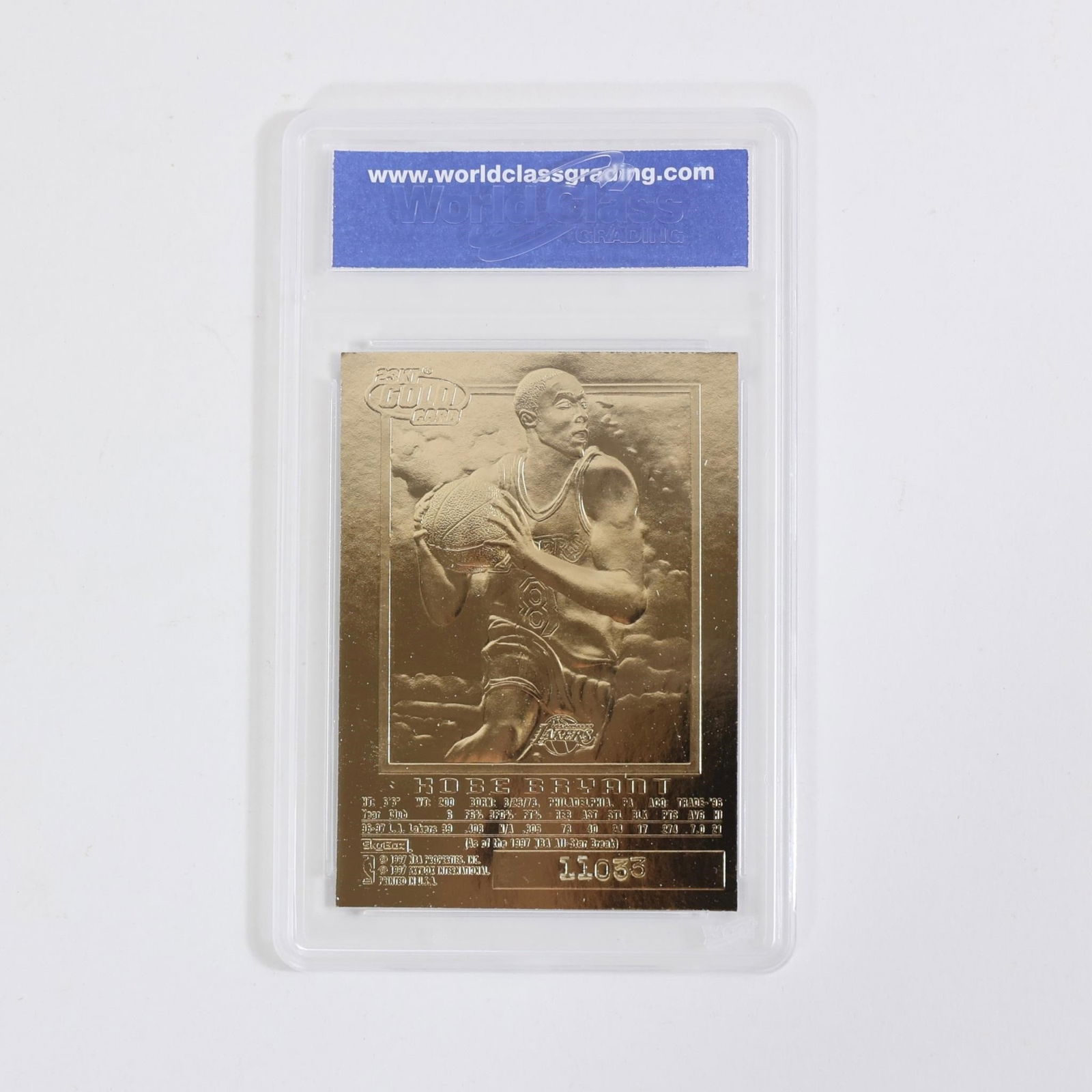 Kobe Bryant 23KT Gold Rookie Card WCG 10: Los Angeles Lakers - NBA Basketball - Kobe Bryant - Gold Card ( 23K ) - Grade 10 GEM MINTLimited Edition23kt Gold LayeredGem-Mint Condition Grade 10In NEW conditionOfficially Licensed by Skybox and