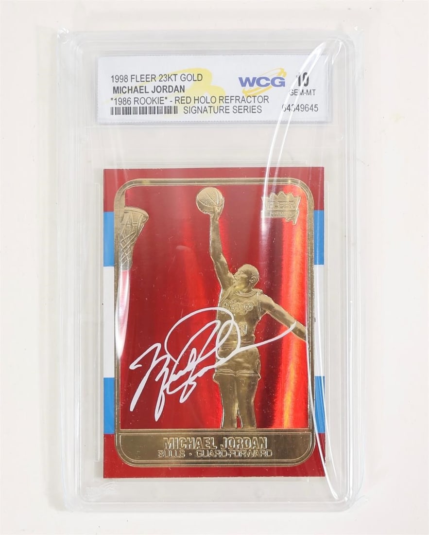 1998 Fleer 23KT Gold Michael Jordan Red Holo Card: This item is a 1998 Fleer 23KT Gold Michael Jordan "1986 Rookie" Red Holo Refractor trading card.