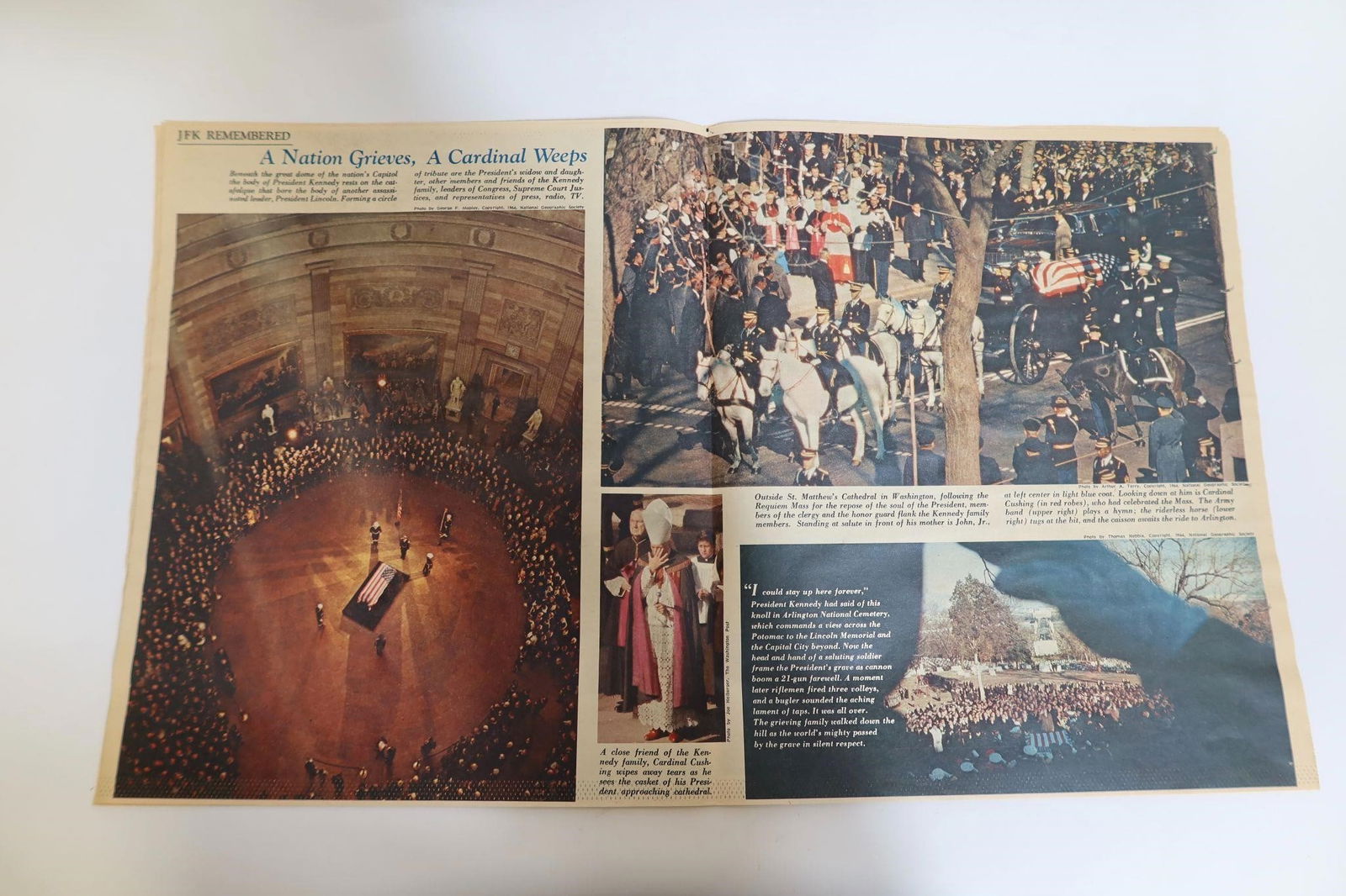 JFK Remembered Magazine Spread: JFK Remembered" multi-page magazine feature with photo spreads titled A Nation Grieves, A Cardinal Weeps, Highlights of President Kennedy in Office, As They Mourn, Shots That Shook the World,