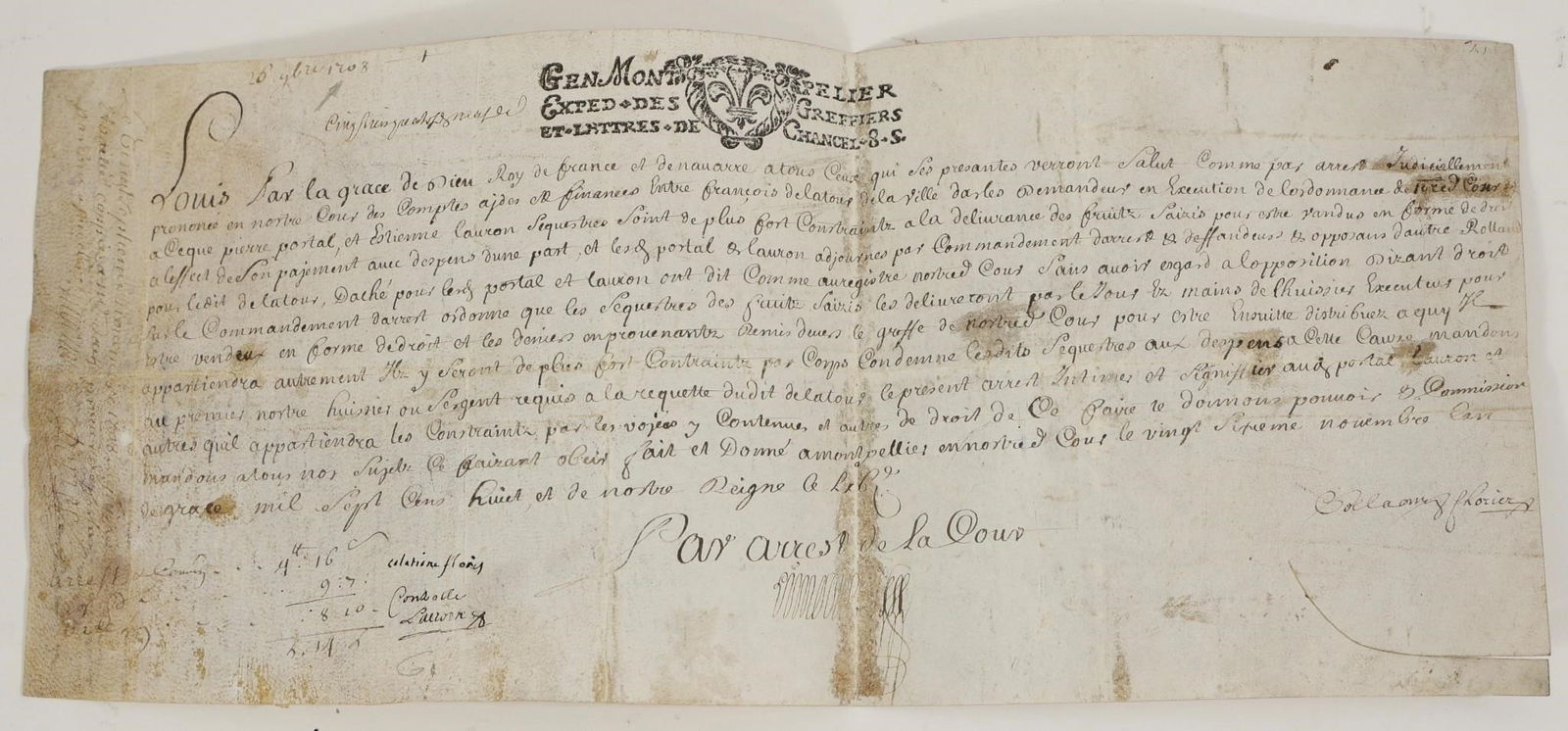 Louis XIV 1708 Royal Decree Manuscript: Louis XIV, Roi de France et de Navarre. - Ordonnance Royale- Cour des Comptes. - 1708 Royal Decree - Court of Auditors. Louis XIV - Montpellier - 1708 Original handwritten sheet on parchment (animal