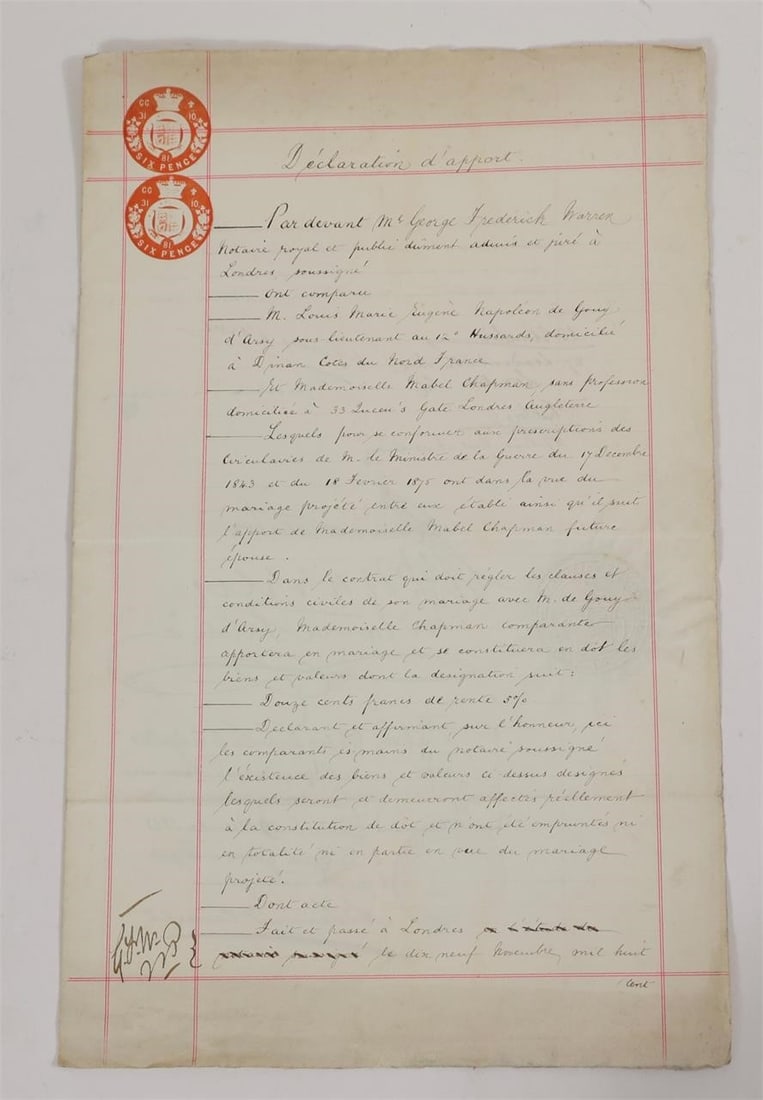1881 London Marriage Declaration Document: Declaration of contribution for marriage - London 1881 - Tax stamps and seals - Hussars of Dinan. Important marriage contribution declaration, handwritten on two large pages, drafted and signed in