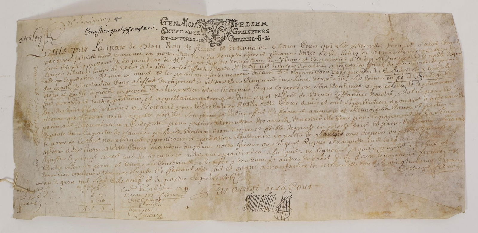 Louis XIV 1709 Royal Decree: Louis XIV, Roi de France et de Navarre. - Ordonnance Royale- Cour des Comptes. - 1709 Royal Decree - Court of Auditors. Louis XIV - Montpellier - 1709 Original handwritten sheet on parchment (animal