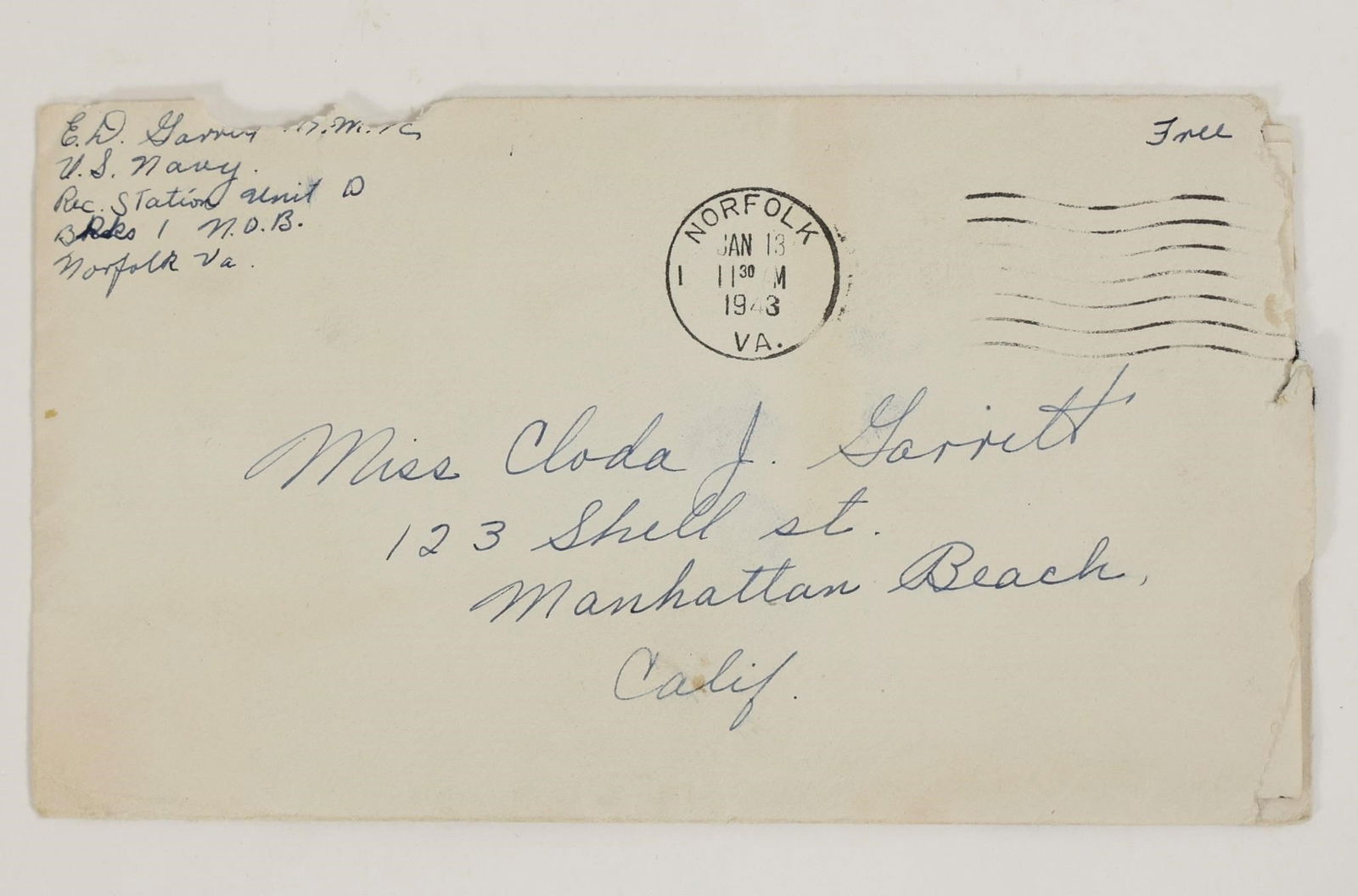 1943 WWII U.S. Navy Letter & Envelope: Original handwritten letter dated January 12, 1943, with its mailed envelope. Sent by a U.S. Navy serviceman from Norfolk, Virginia, and addressed to Miss Cloda J. Garrett in Manhattan Beach,