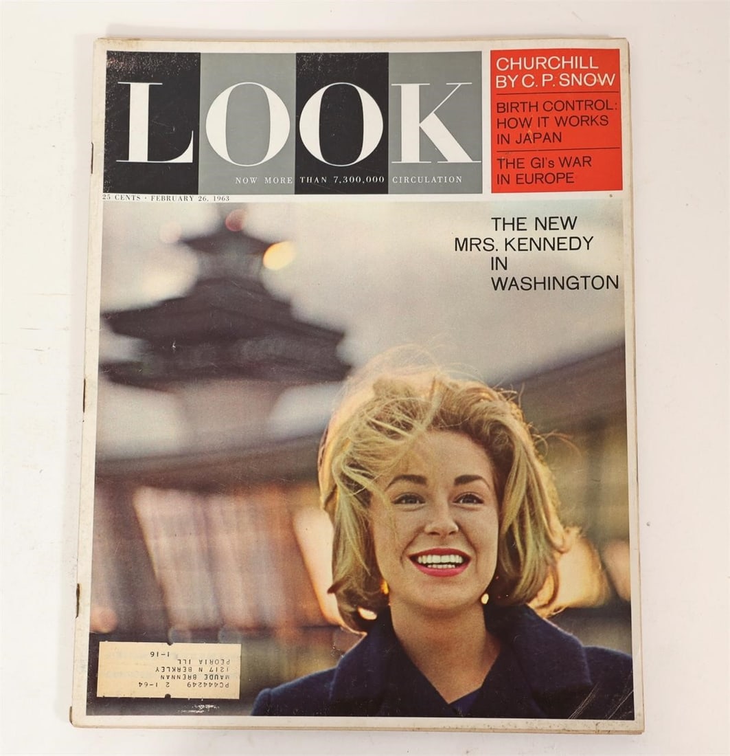 LOOK Magazine February 26 1963 -Mrs. Kennedy Cover: LOOK magazine issue dated February 26, 1963 featuring Jacqueline Kennedy on the cover titled "The New Mrs. Kennedy in Washington." Vintage American magazine with articles including Churchill by C.P.