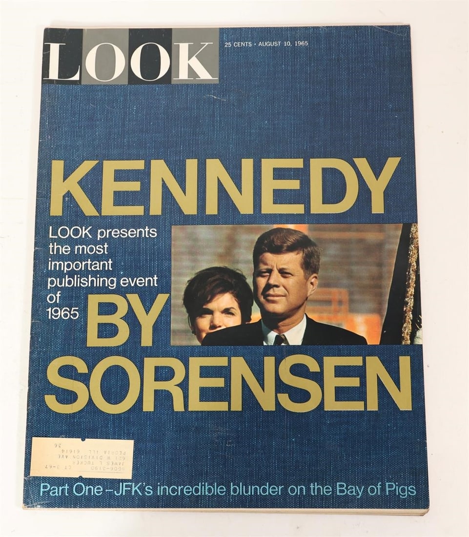 LOOK Magazine August 10 1965 - Kennedy by Sorensen: LOOK magazine issue dated August 10, 1965 featuring "Kennedy by Sorensen" on the cover. The issue presents an article by Theodore C. Sorensen about President John F. Kennedy, including discussion of