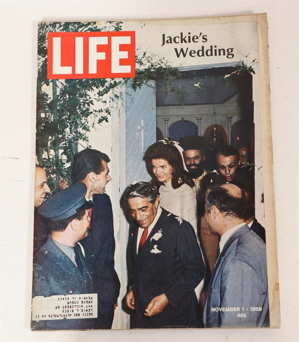 1968 LIFE Jackie's Wedding Issue: LIFE magazine issue dated November 1, 1968 featuring "Jackie's Wedding" on the cover, covering the marriage of Jacqueline Kennedy to Aristotle Onassis. The cover photograph captures the wedding