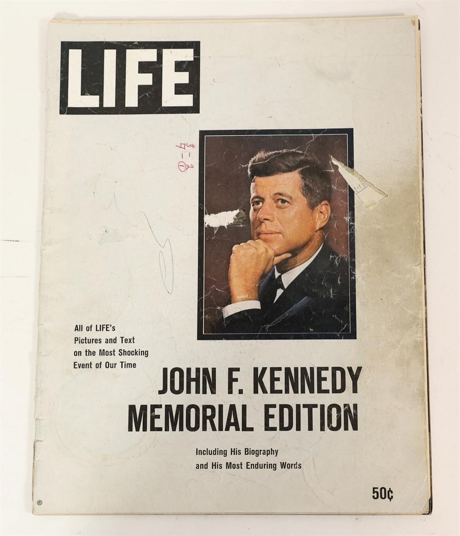 LIFE Magazine John F. Kennedy Memorial Edition: LIFE magazine special issue titled "John F. Kennedy Memorial Edition," published following the assassination of President John F. Kennedy in 1963. The cover features a portrait of Kennedy and includes