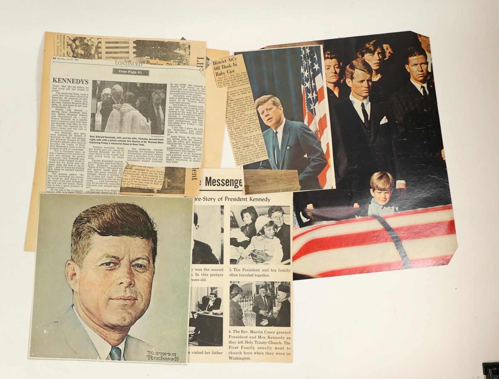 JFK KennedyFamily Vintage Newspaper Clippings Lot: Collection of vintage newspaper clippings, magazine cutouts, and printed images related to President John F. Kennedy and the Kennedy family. The lot includes portrait images of JFK, historic photograp