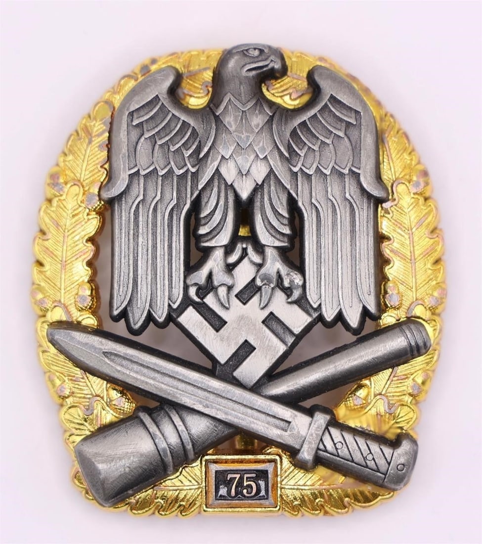 General Assault Badge 75: This numbered General Assault Badge ("75") was a late-war German award for repeated combat actions. Produced by C.E. Juncker, it features a semi-hollow design with riveted eagle and aluminum tombac nu
