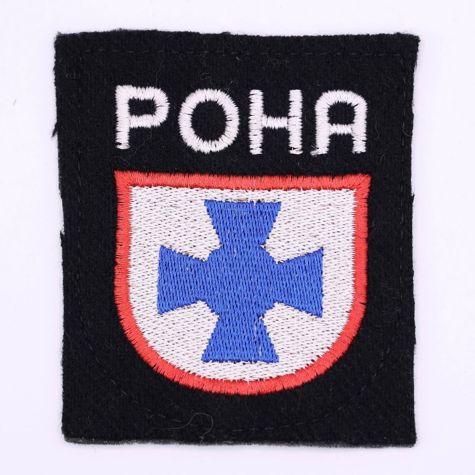 Russian People Liberation Army Reproduction Patch: This is a reproduction patch for the Russian People's Liberation Army (RONA). The Cyrillic text "" stands for Russkaya Osvoboditel'naya Narodnaya Armiya. The formation was a collaborationist military