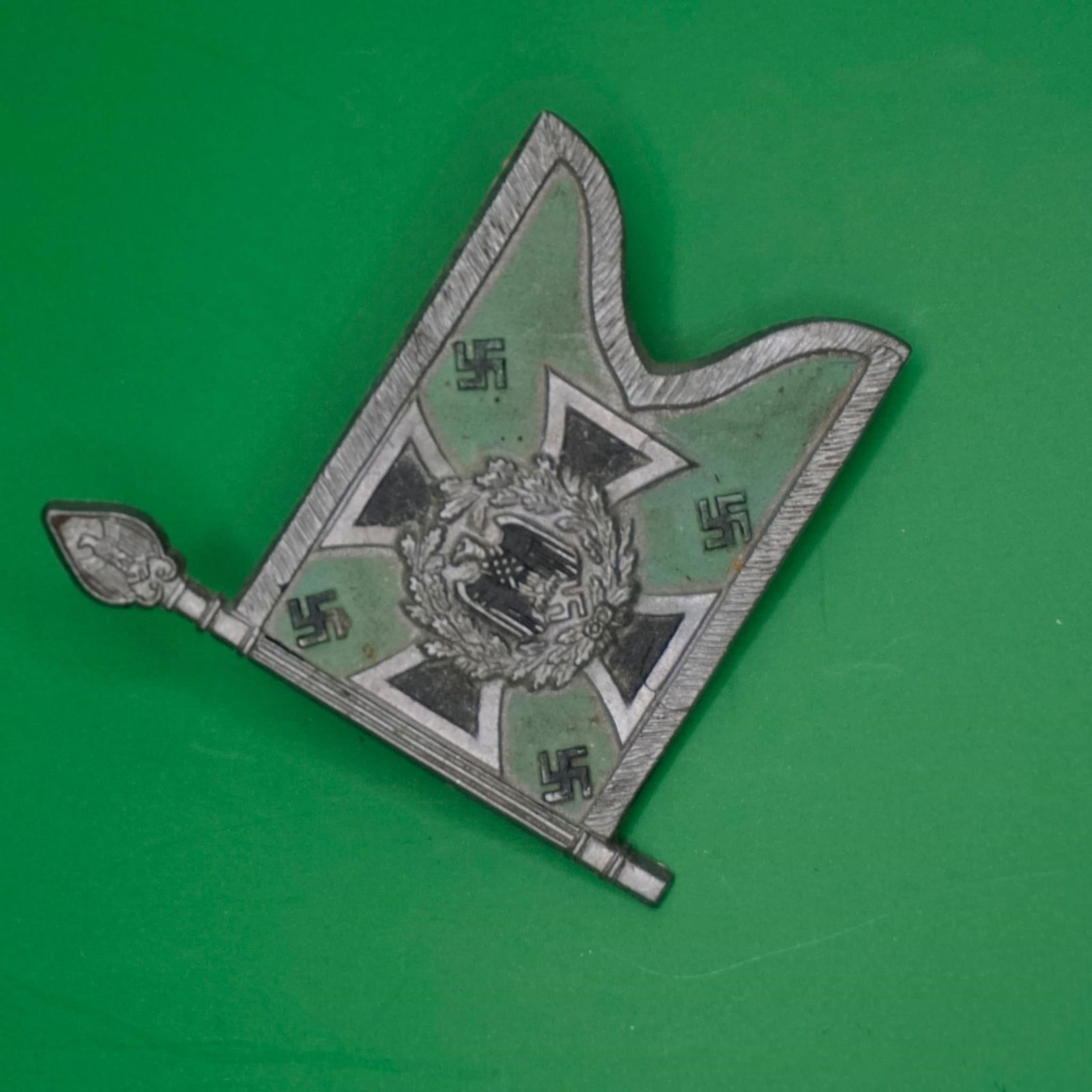 WWII German Panzer Grenadier Standard Flag Tinnie: Original WWII German Panzer Grenadier standard flag tinnie, metal pinback, good condition, authentic period piece.