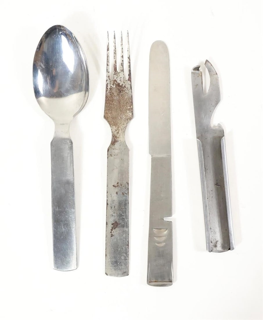 WWII German Wehrmacht Mess Kit Utensils Set: Original WWII German Wehrmacht mess kit utensils set, including knife, fork, spoon, and can opener, all stamped with Heer eagle. Knife, fork, and spoon marked "GAG" with wartime dates (1941-42).