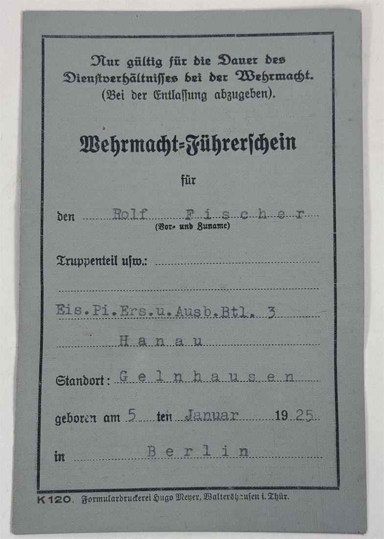 WWII German Wehrmacht Driver's License (1944): Original late-war German Wehrmacht driver's license issued in Gelnhausen in 1944, with official stamps and original signature. No photo present.