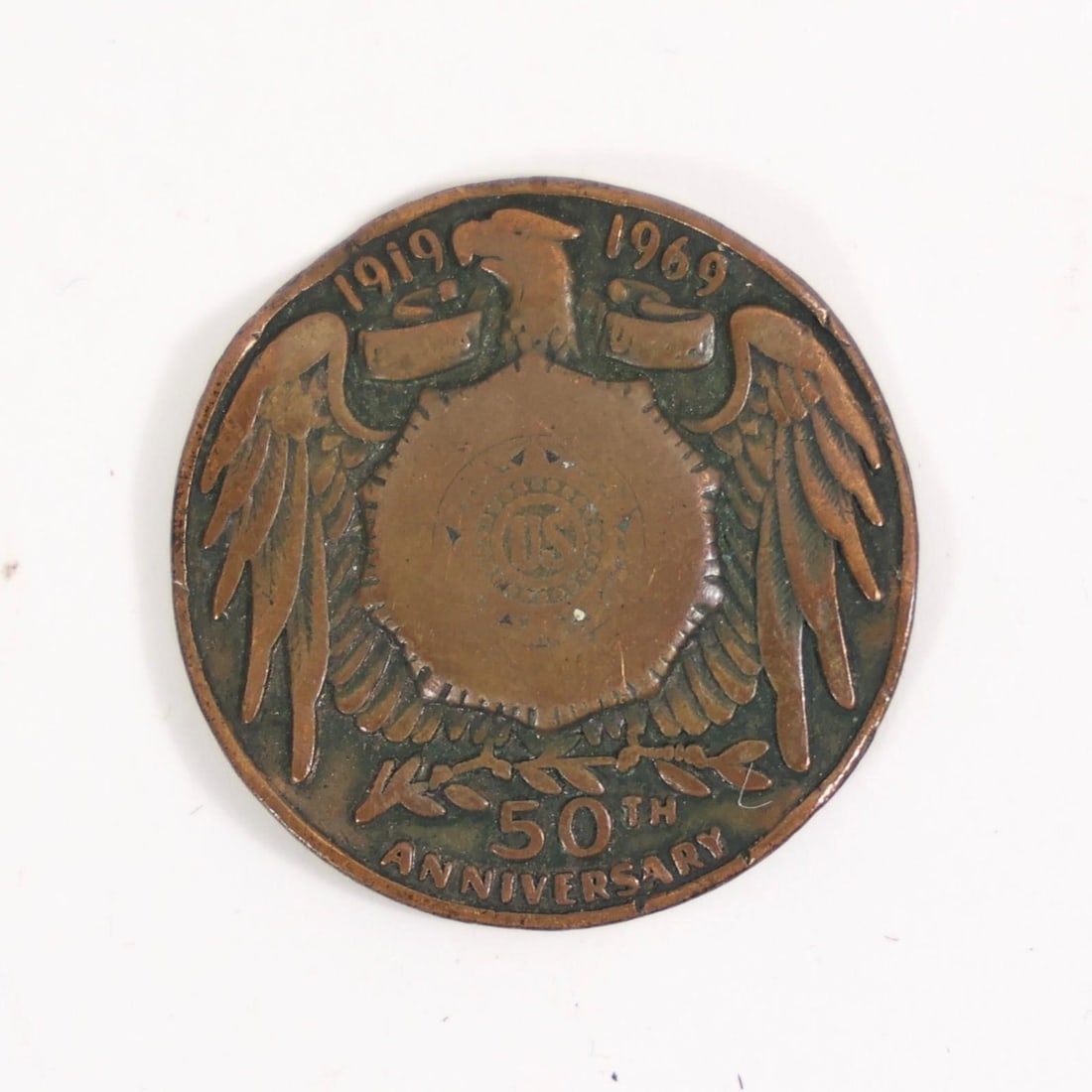 American Legion 50th Anniversary Bronze Medal: This item is a 1919-1969 American Legion 50th Anniversary bronze medal, featuring an eagle design to commemorate the anniversary of the American Legion.
