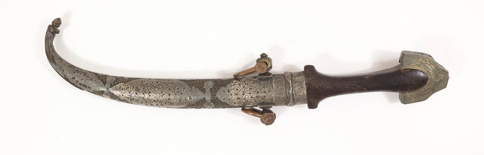 Antique Wood and Brass Dagger Knife Khanjar: Second half of the 19th century displays the characteristics which you look for in a precolonial example. 9 1/8" s.e./d.e. blade thick, well-crafted with tool finish. Wood hilt with engraved sheet