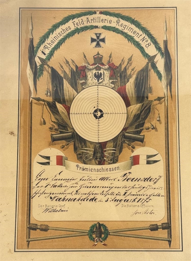 1875 German Prize Shooting Certificate: 1875 lithograph certificate issued for Prämienschießen (prize shooting) to Albert Albers of the 8th Rhenish Field Artillery Regiment. The certificate features period imagery including the Iron Cross