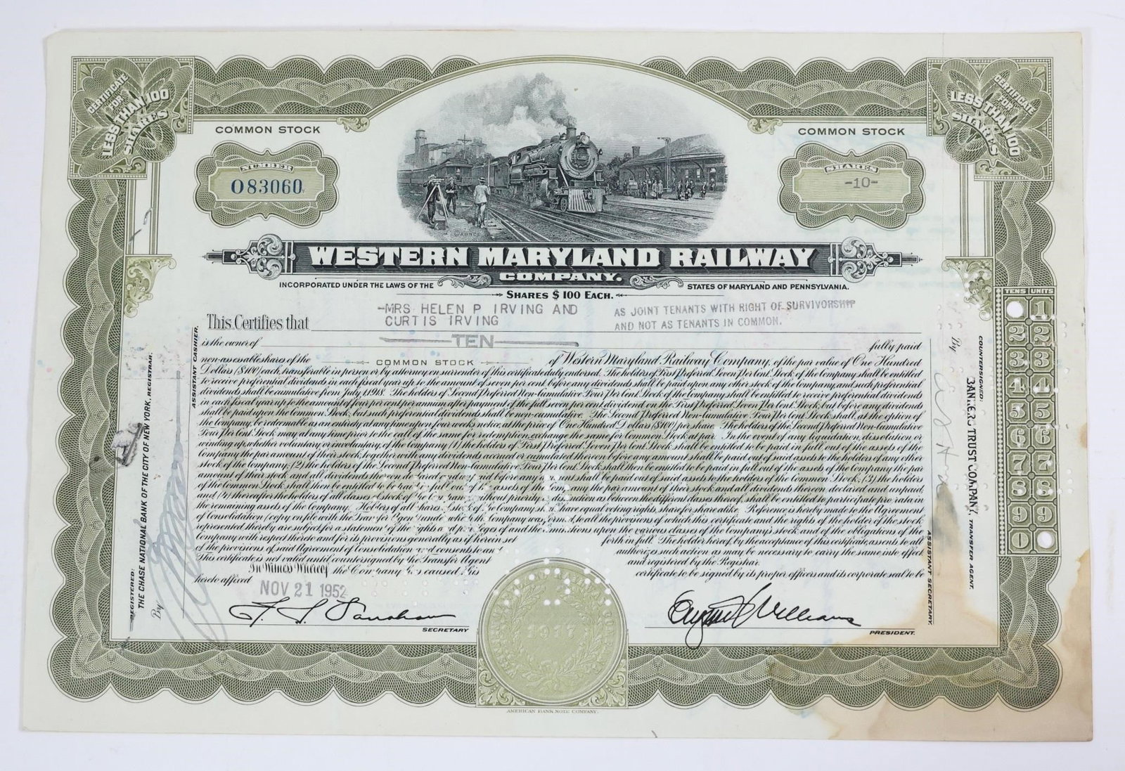 Western Maryland Railway Company Stock Certificate: A Western Maryland Railway Company stock certificate, issued for ten shares on November 21, 1952. These historical certificates are popular with collectors for their ornate design and railroad vignett