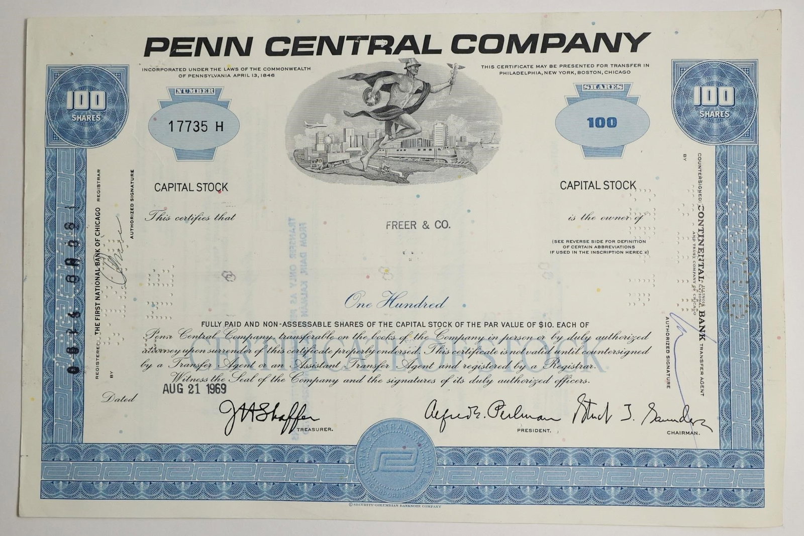 Penn Central Company Stock Certificate: This is a vintage Penn Central Company 100-share stock certificate, dated August 21, 1969.