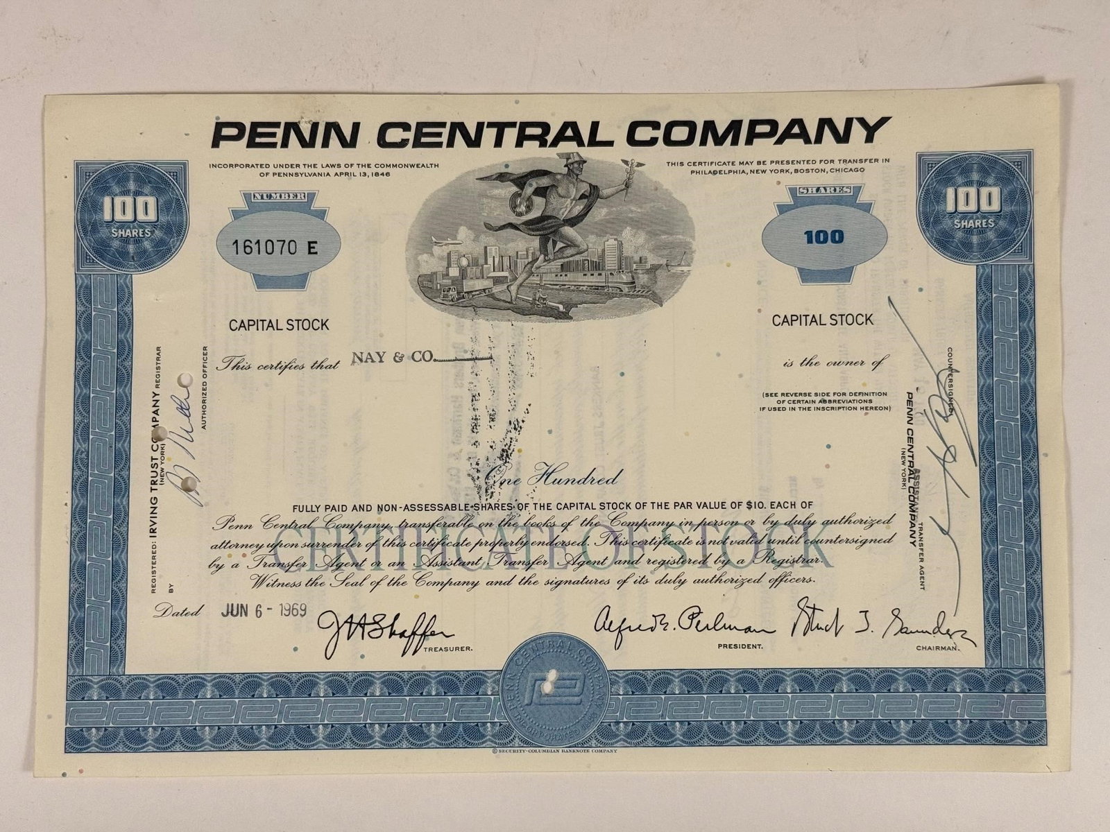 Penn Central Company 100-Share Stock Certificate: A collectible stock certificate for 100 shares of the Penn Central Company, issued on June 6, 1969, featuring detailed engraved artwork and signatures typical of mid-20th-century securities.