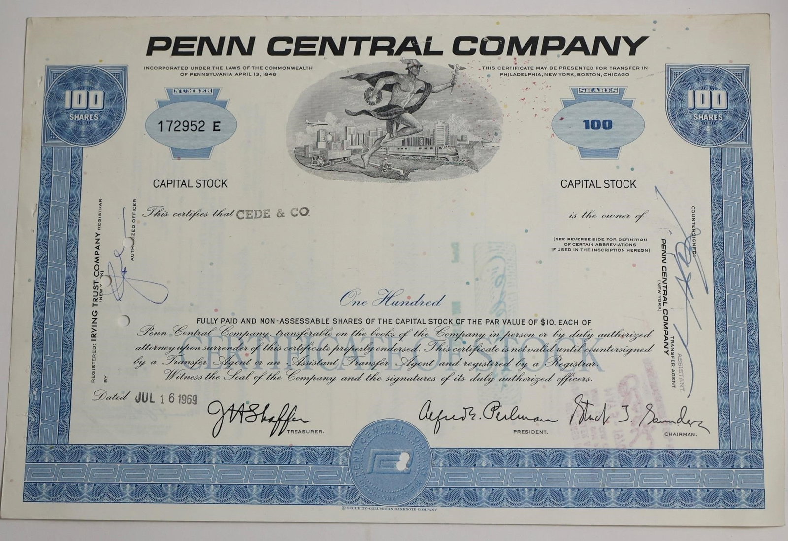Penn Central Company 100-Share Stock Certificate: A vintage stock certificate for 100 shares of the Penn Central Company, issued on July 16, 1969, to CEDE & CO., featuring classic engraved design and official signatures.