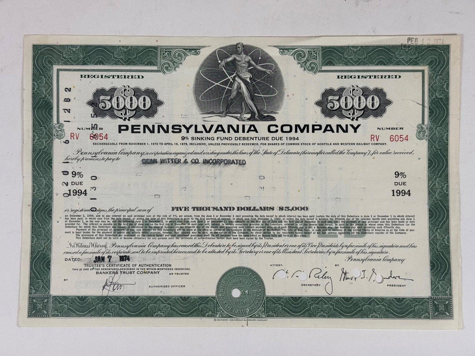 Pennsylvania Company $5,000 9% Sinking Fund: A $5,000 9% Sinking Fund Debenture bond certificate from the Pennsylvania Company, dated January 7, 1974, and due in 1994. Issued during the Penn Central era, this certificate is commonly collected to