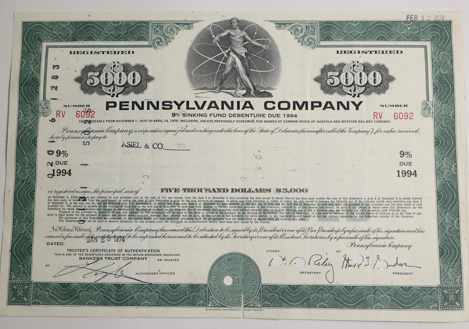 Pennsylvania Company $5,000 Sinking Fund: A $5,000 Sinking Fund Debenture bond certificate from the Pennsylvania Company, issued in 1974 and valued today as a historical and railroad collectible.
