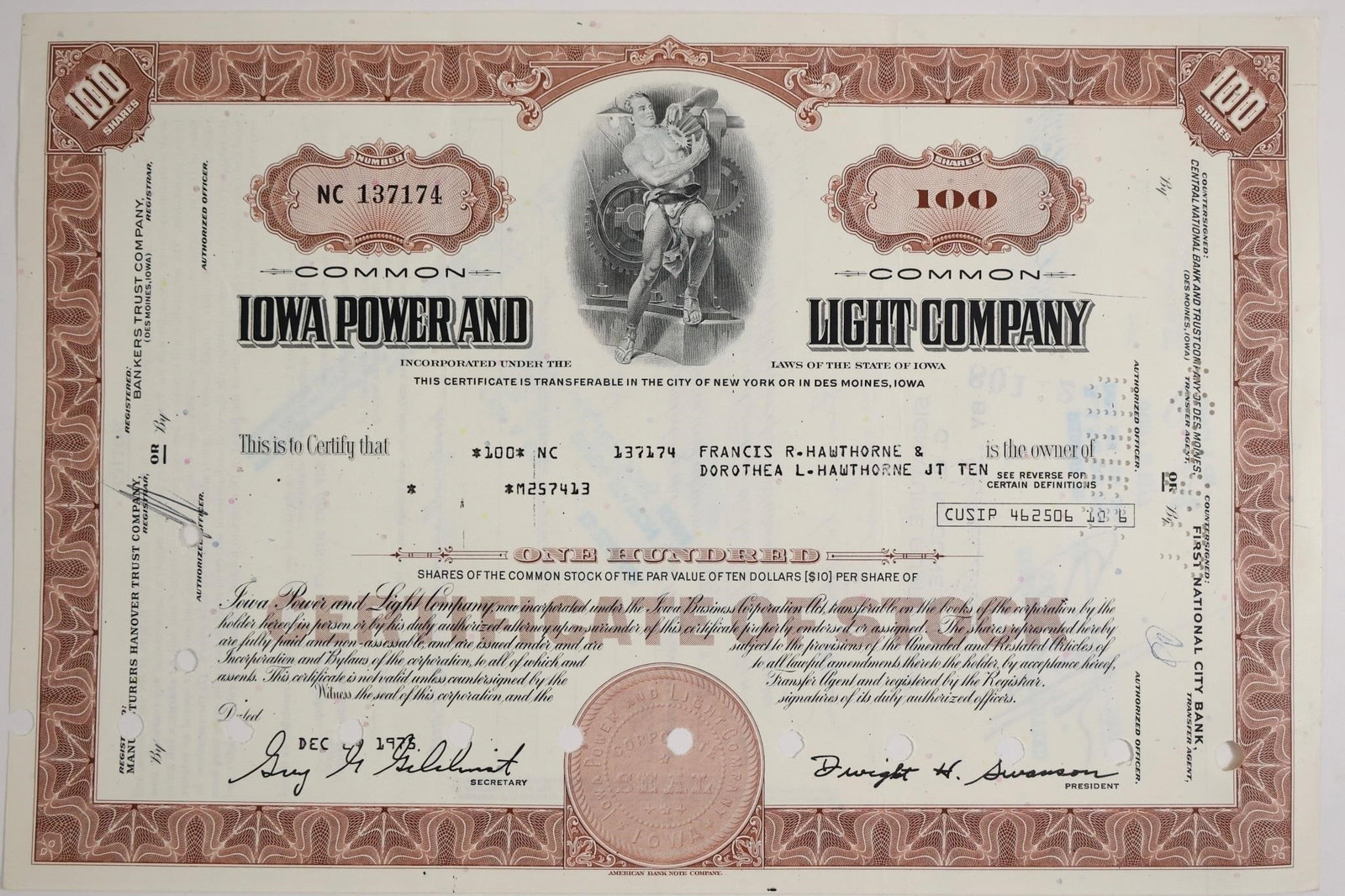 owa Power & Light Co. 100-Share Stock Certificate: Vintage stock certificate from Iowa Power and Light Company, dated December 9, 1975, for 100 shares of common stock. Popular collectible for historical and decorative value.