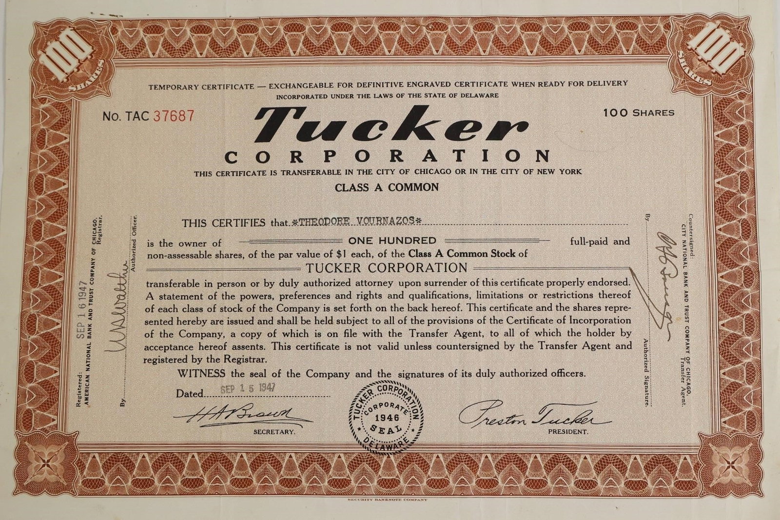 1947 Tucker Corporation Stock Certificate: Original 1947 Tucker Corporation stock certificate for 100 shares of Class A Common Stock.
