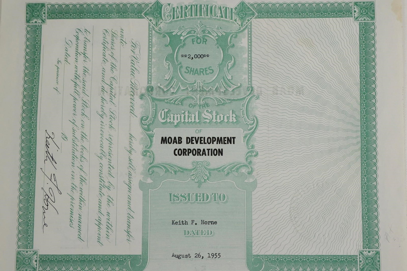 1955 Moab Development Corp Stock Certificate - 2