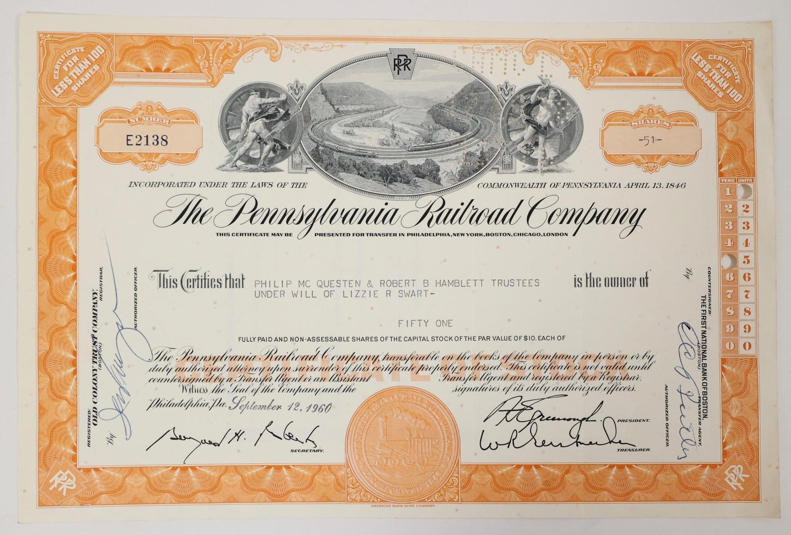 Pennsylvania Railroad Stock Certificate 1960: This is an original Pennsylvania Railroad Company stock certificate issued on September 12, 1960.
