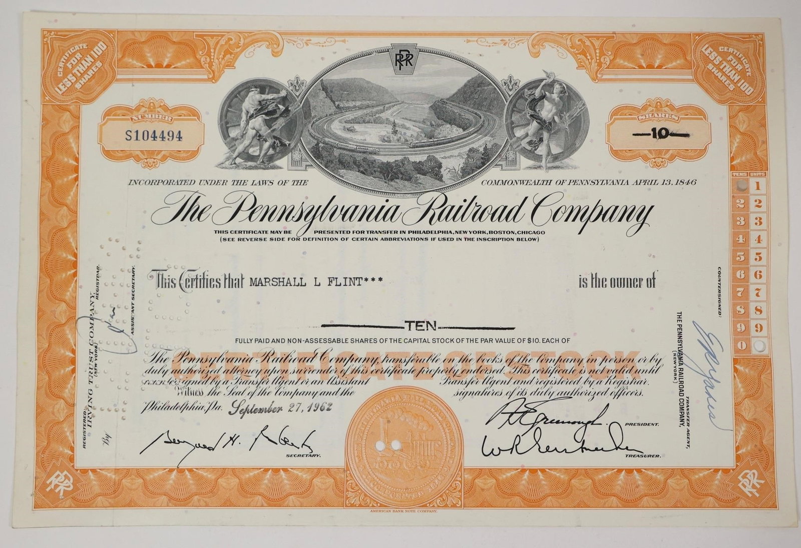 Pennsylvania Railroad Stock Certificate 1962: Original Pennsylvania Railroad Company stock certificate issued to Marshall L Flint on September 27, 1962.