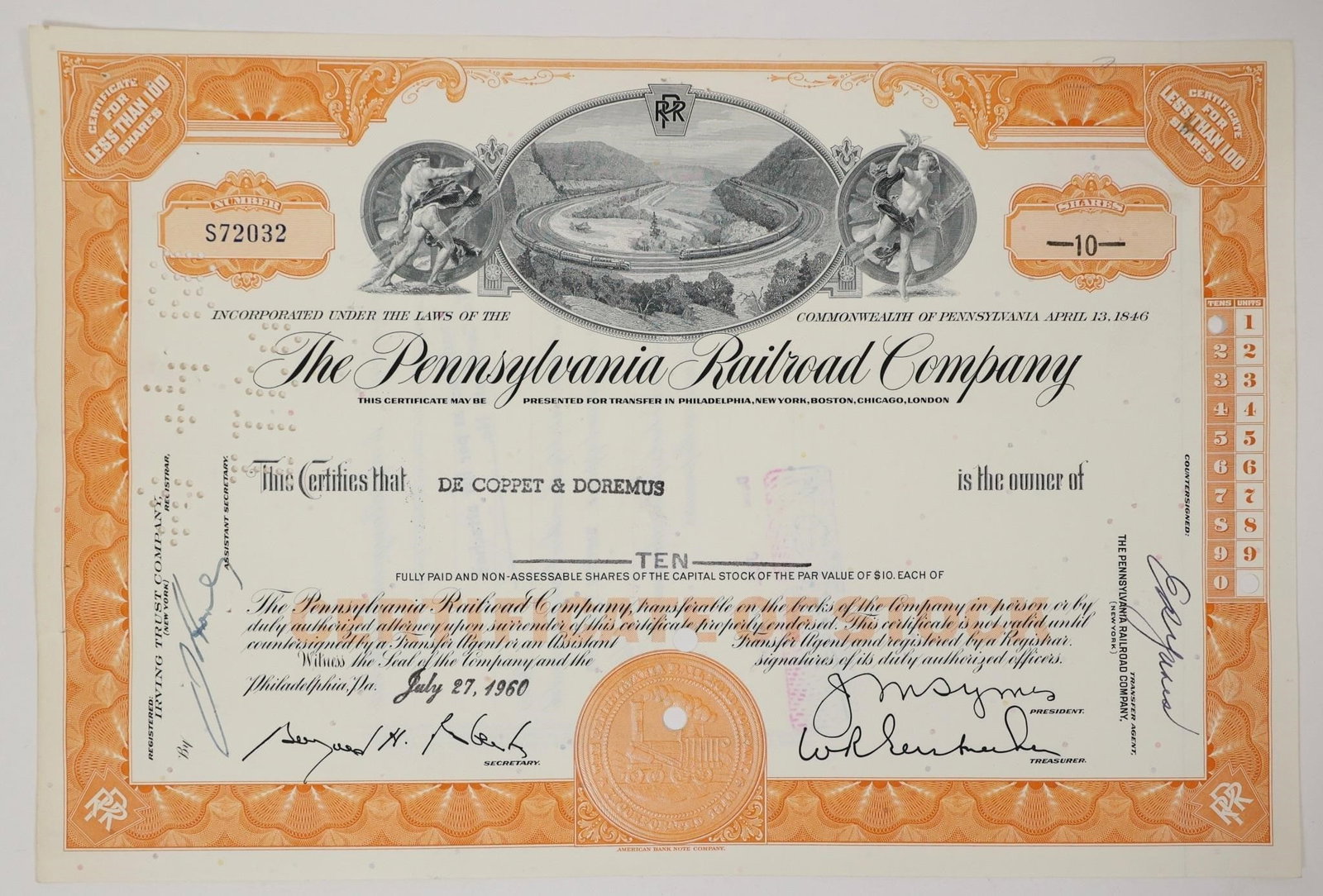 Pennsylvania Railroad Stock Certificate 1960: Cancelled stock certificate from Pennsylvania Railroad Company, issued on July 27, 1960.