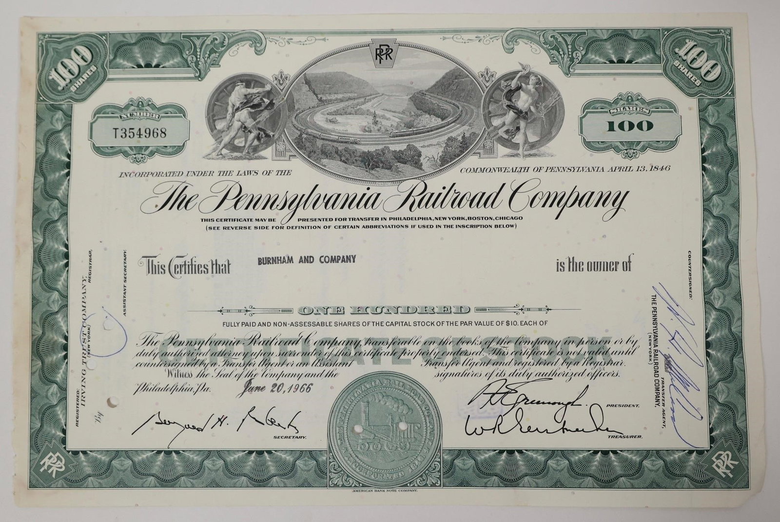 Pennsylvania Railroad Stock Certificate 1966 (1 of 2)