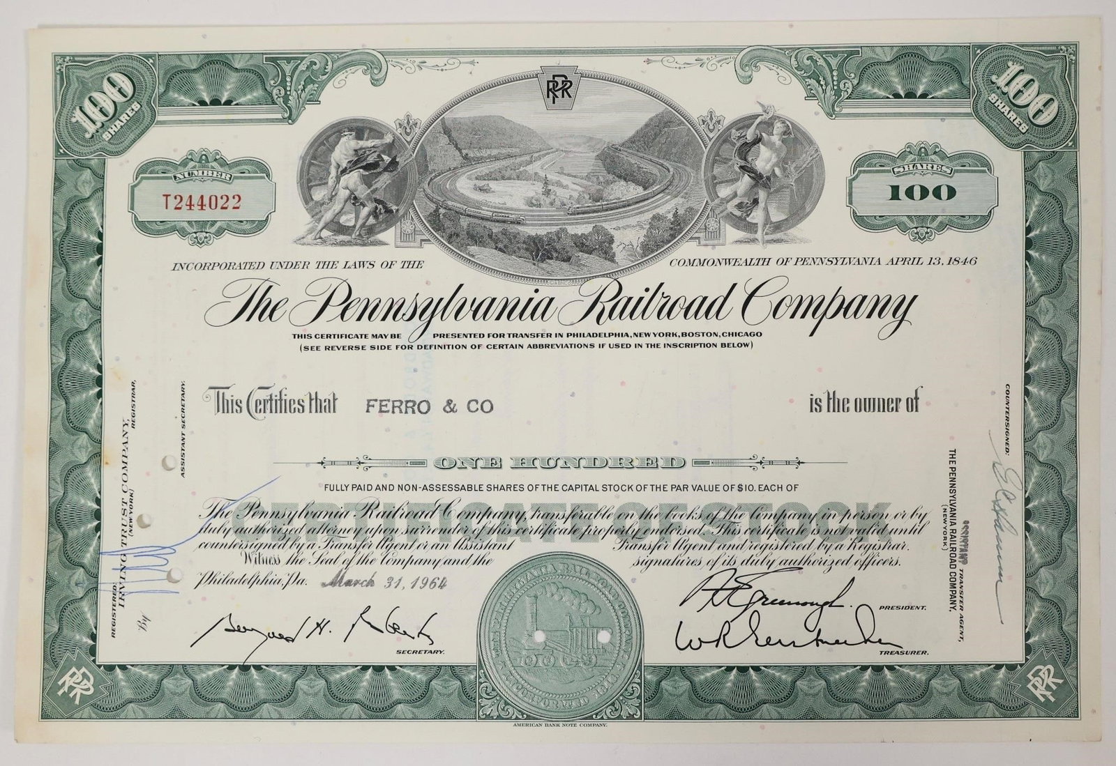 Pennsylvania Railroad Stock Certificate 1964: Collectible Pennsylvania Railroad Company stock certificate for 100 shares. It was issued to Ferro & Co. on March 31, 1964.