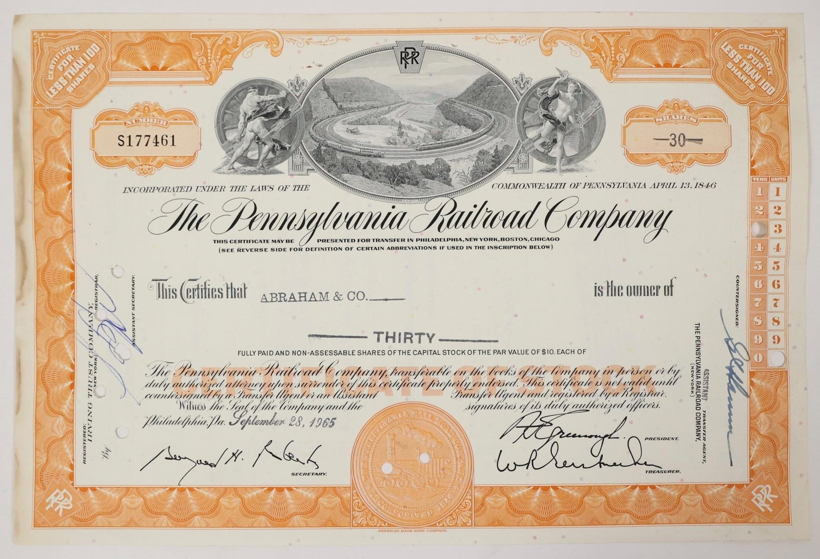 Pennsylvania Railroad Stock Certificate 1965: Orange Pennsylvania Railroad Company stock certificate, issued in September 1965.